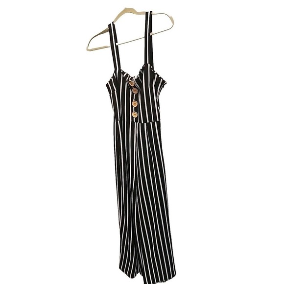 J Justify Jumpsuit Women's Large Black White Striped Stretchy Strapless Modern! - Picture 2 of 9